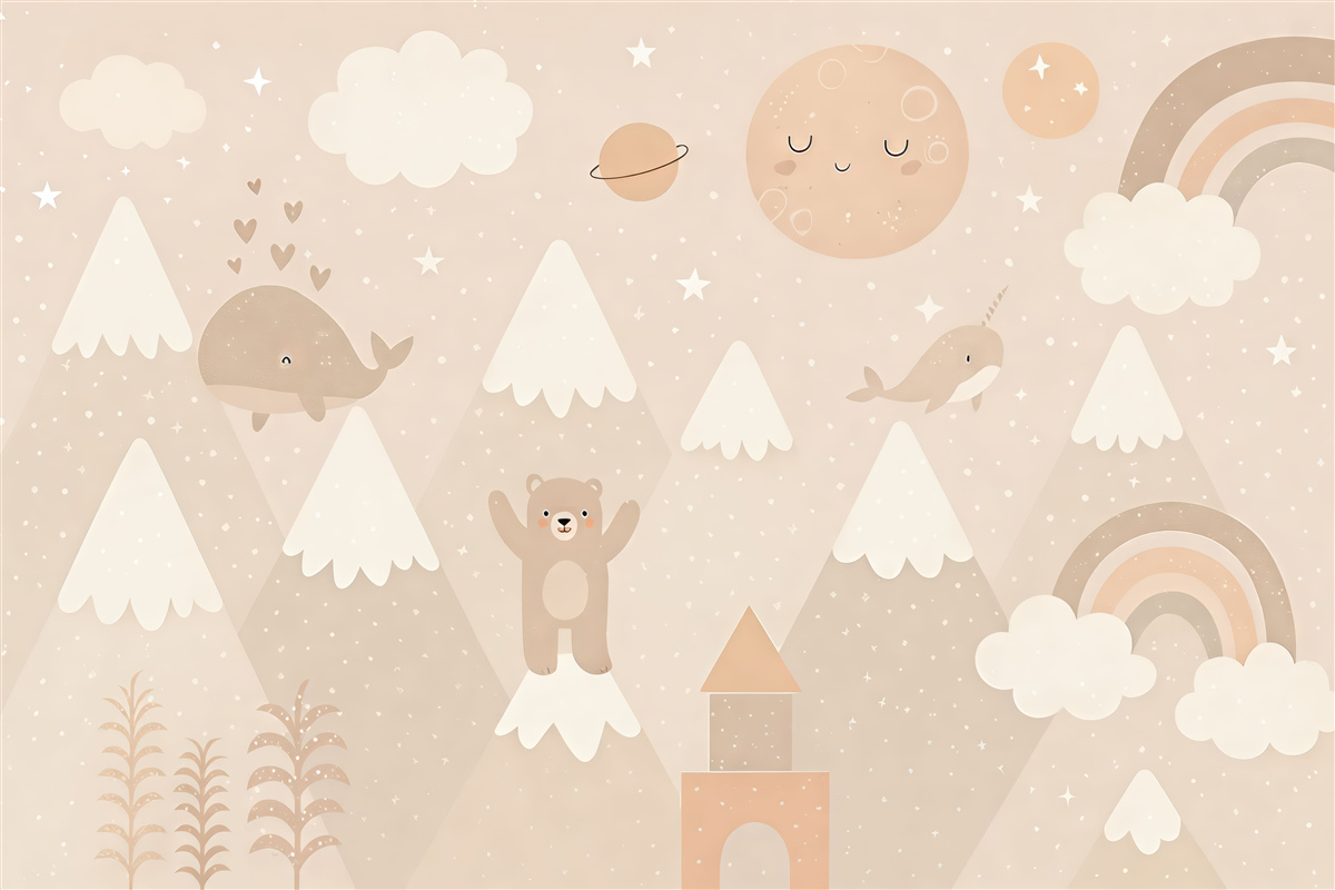 Fototapeta Góry z urokliwymi zwierzętami, chmurami i planetami, piaskowe odcienie.