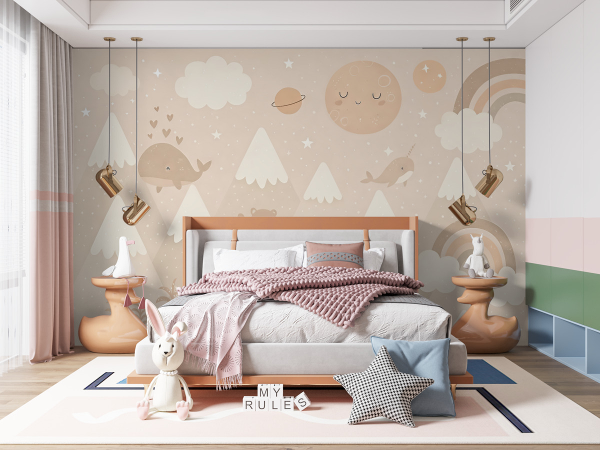 Fototapeta Góry z urokliwymi zwierzętami, chmurami i planetami, piaskowe odcienie.