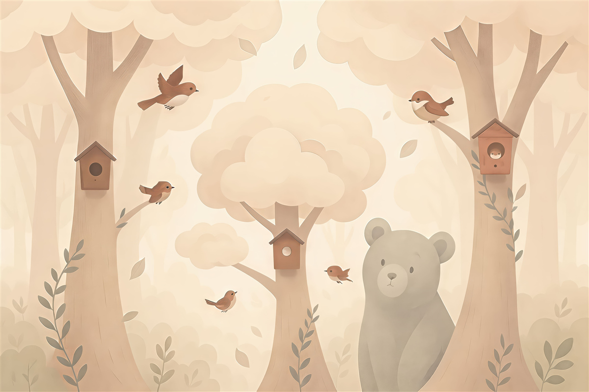 Fototapeta Urokliwy las z zwierzętami w subtelnych barwach.