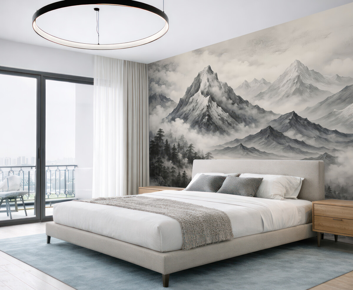 Fototapeta Akwarela górskiego krajobrazu, orientalnego, z lasem i mgłą.