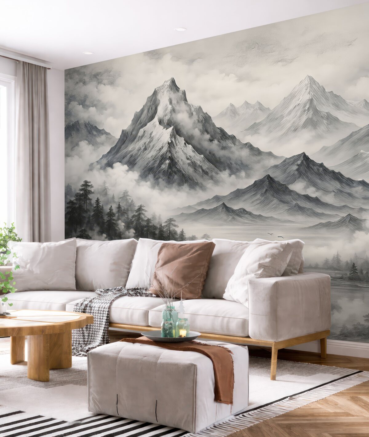 Fototapeta Akwarela górskiego krajobrazu, orientalnego, z lasem i mgłą.