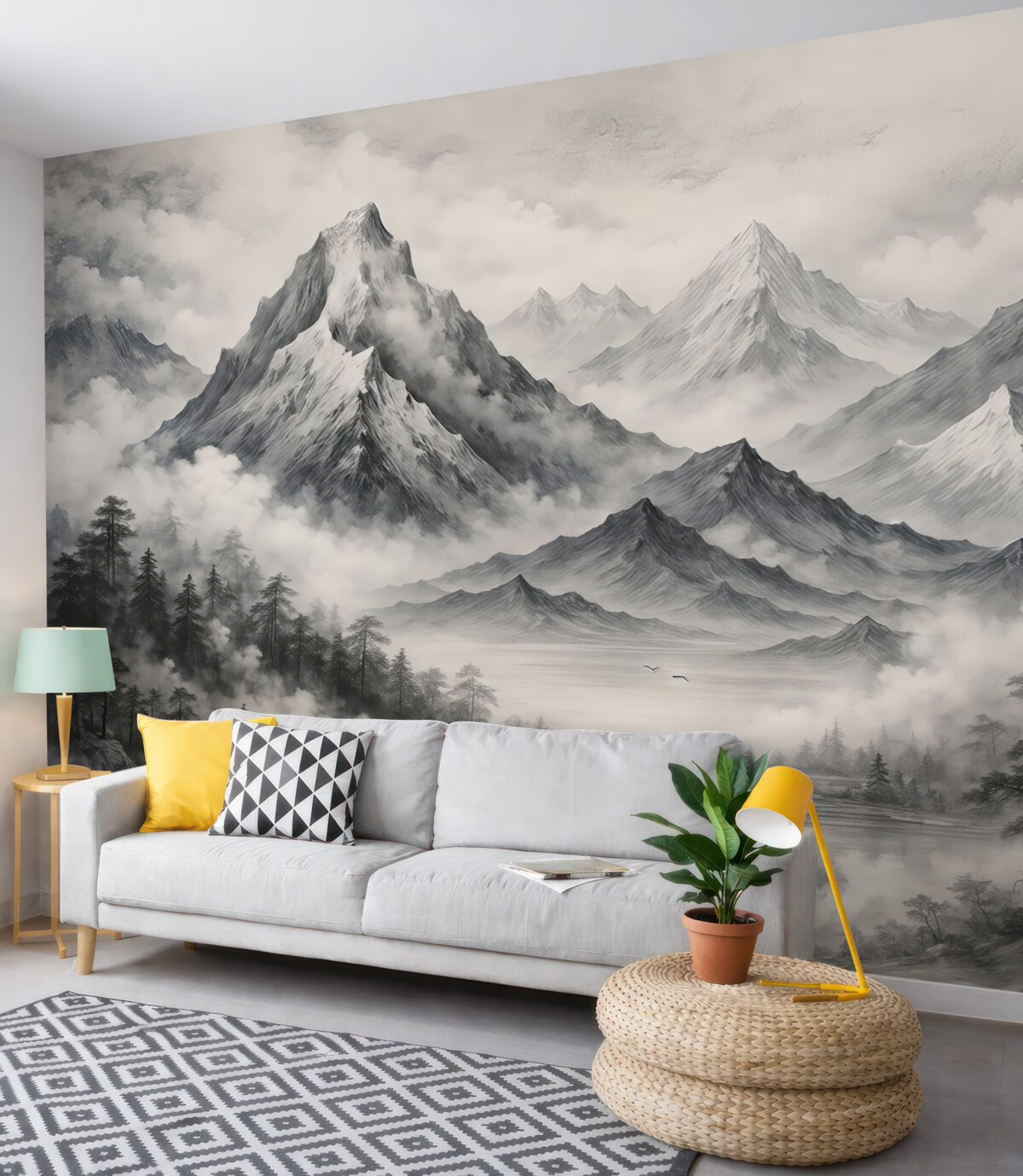 Fototapeta Akwarela górskiego krajobrazu, orientalnego, z lasem i mgłą.