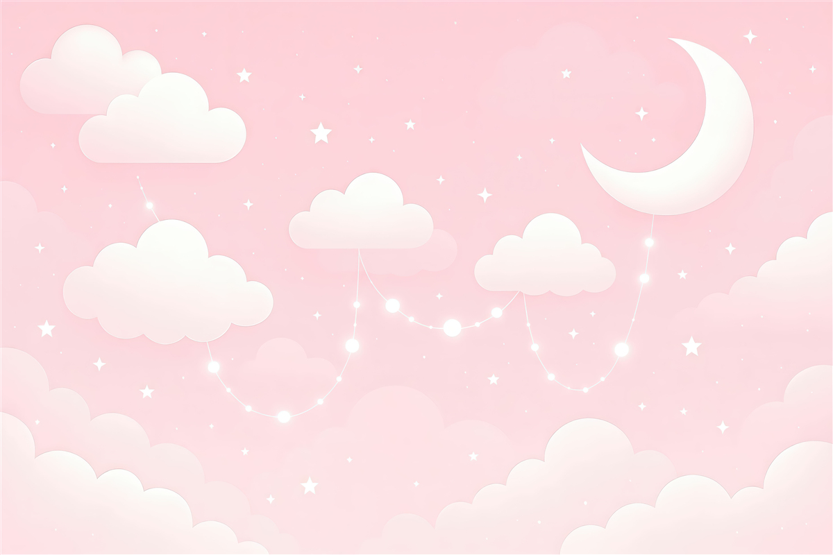 Fototapeta Sukulentne gwiazdy, księżyc oraz chmury na różowym tle.