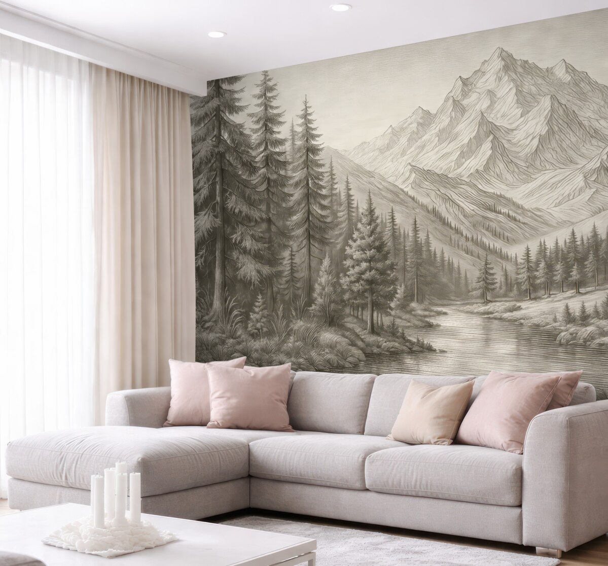 Fototapeta Pejzaż alpejskich szczytów, prostota, zielone odcienie.