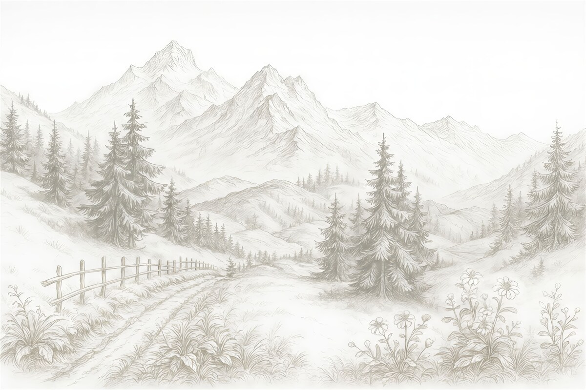 Fototapeta Pejzaż górski, kontur linii, lasy, prostota, beżowe odcienie.