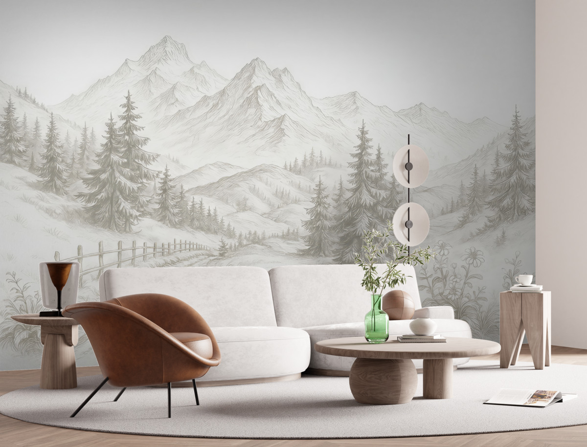 Fototapeta Pejzaż górski, kontur linii, lasy, prostota, beżowe odcienie.