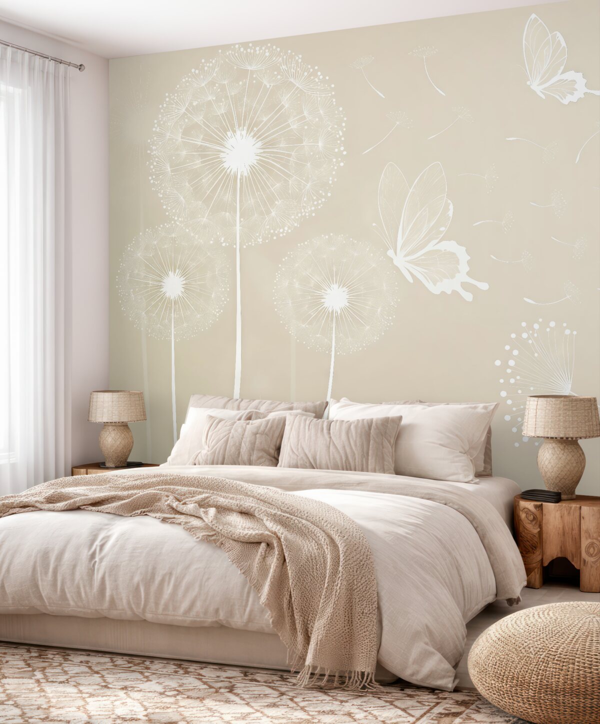 Fototapeta Czułe mlecze z jasnobrązowymi motylami.