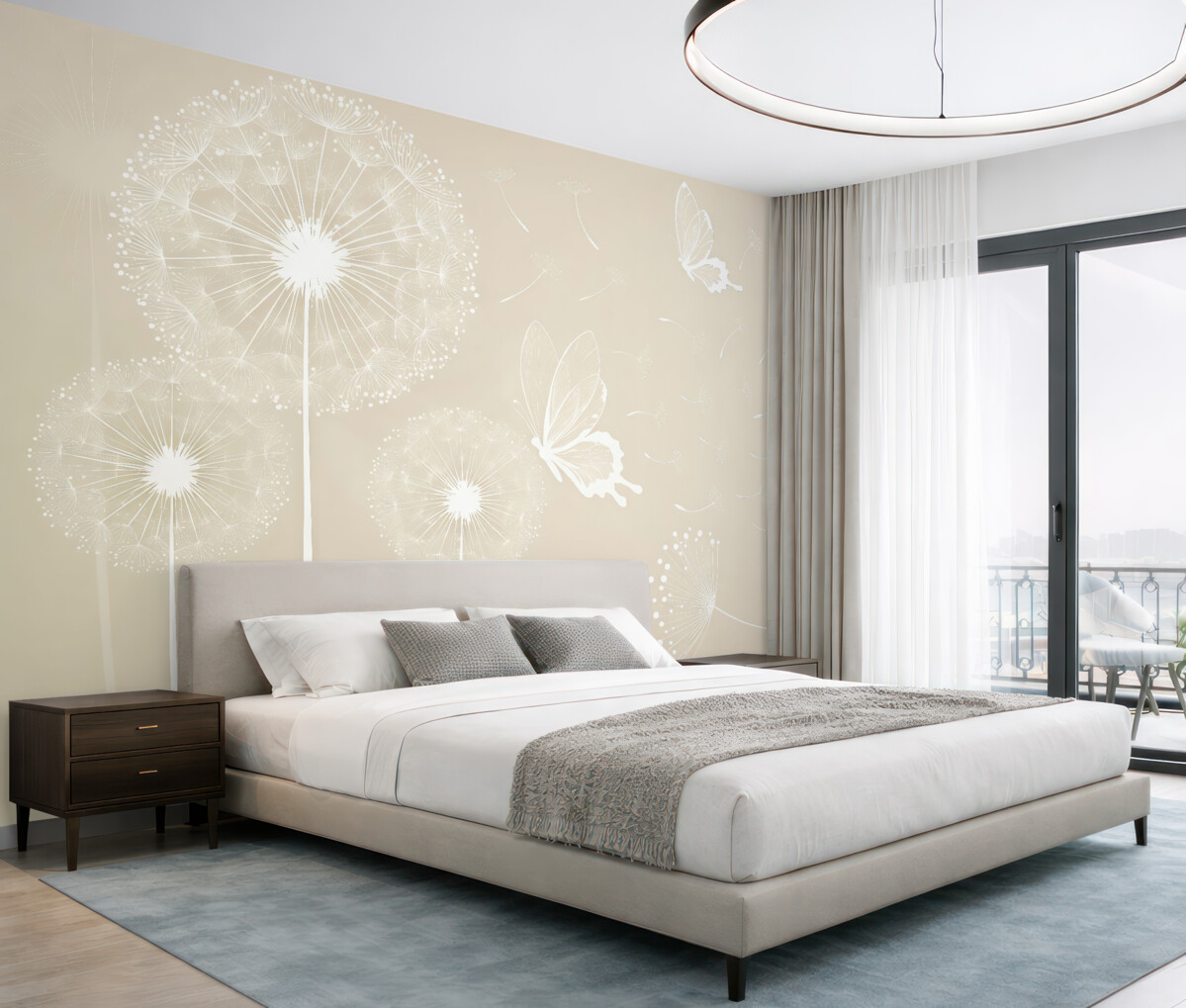 Fototapeta Czułe mlecze z jasnobrązowymi motylami.