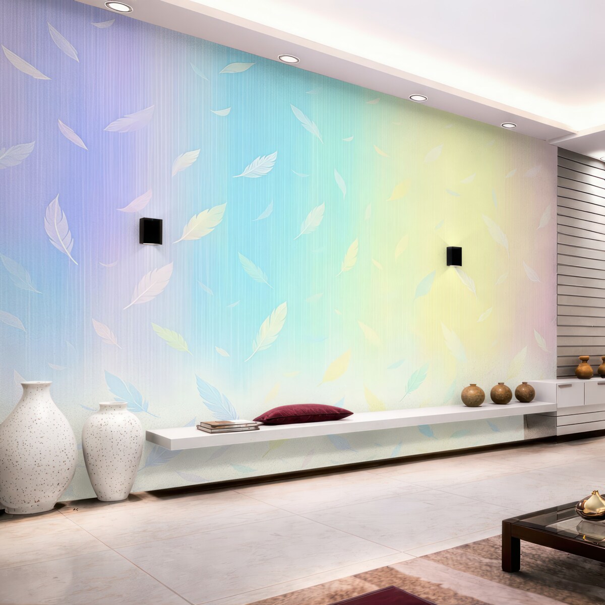 Fototapeta Tęcza z piórkami, młodzież, opowieść, przejście kolorów.