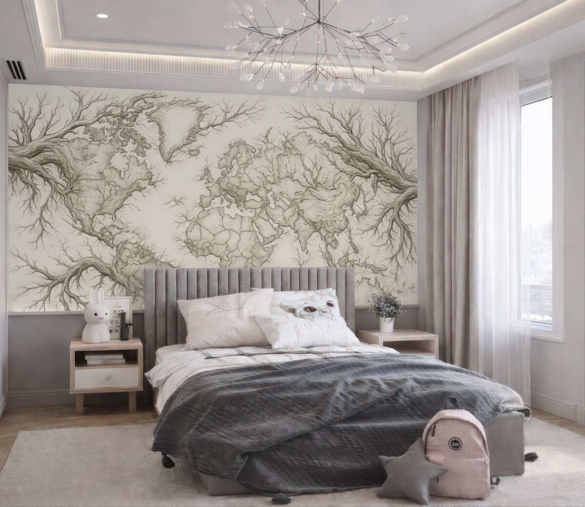 Fototapeta Mapa globu, konary drzew, rysunek konturowy, prostota, przyroda, jasnobeżowy.