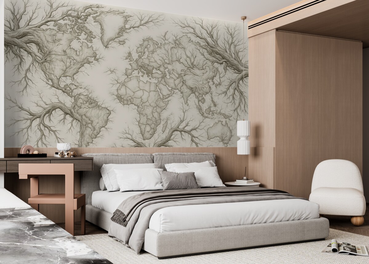 Fototapeta Mapa globu, konary drzew, rysunek konturowy, prostota, przyroda, jasnobeżowy.