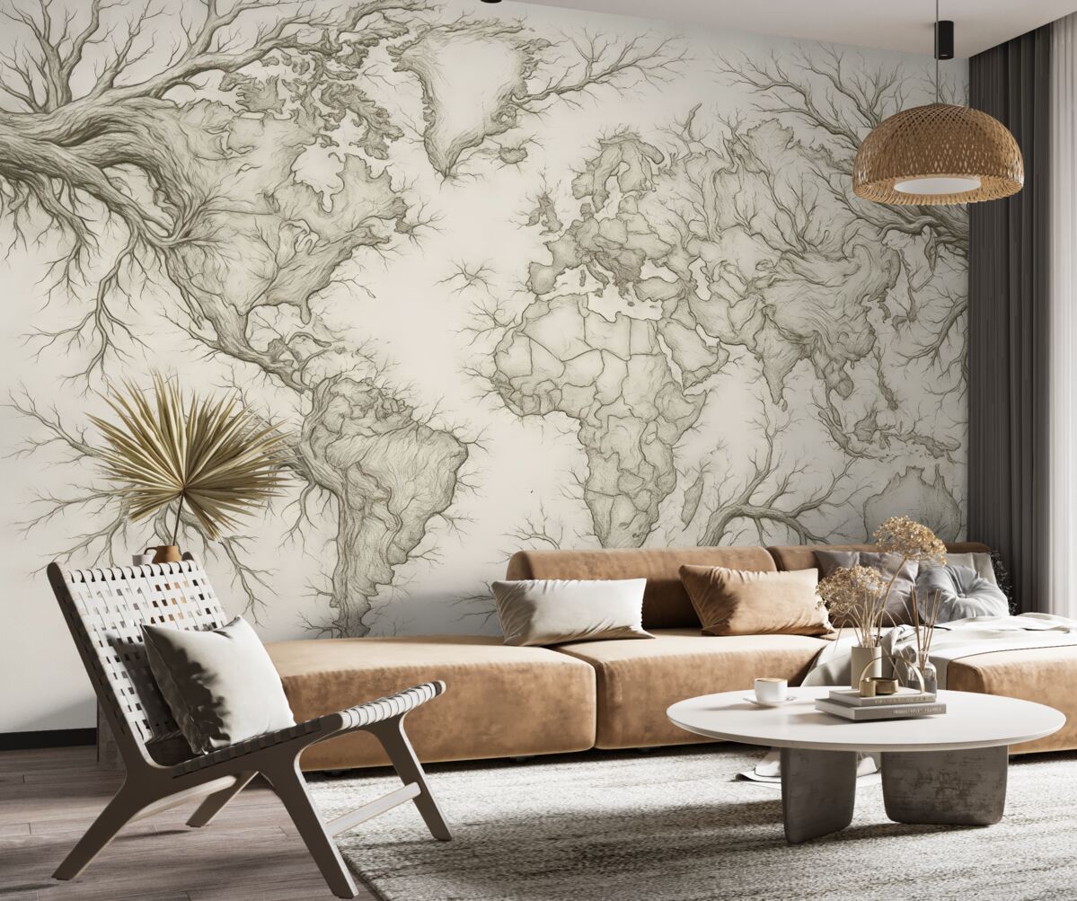 Fototapeta Mapa globu, konary drzew, rysunek konturowy, prostota, przyroda, jasnobeżowy.
