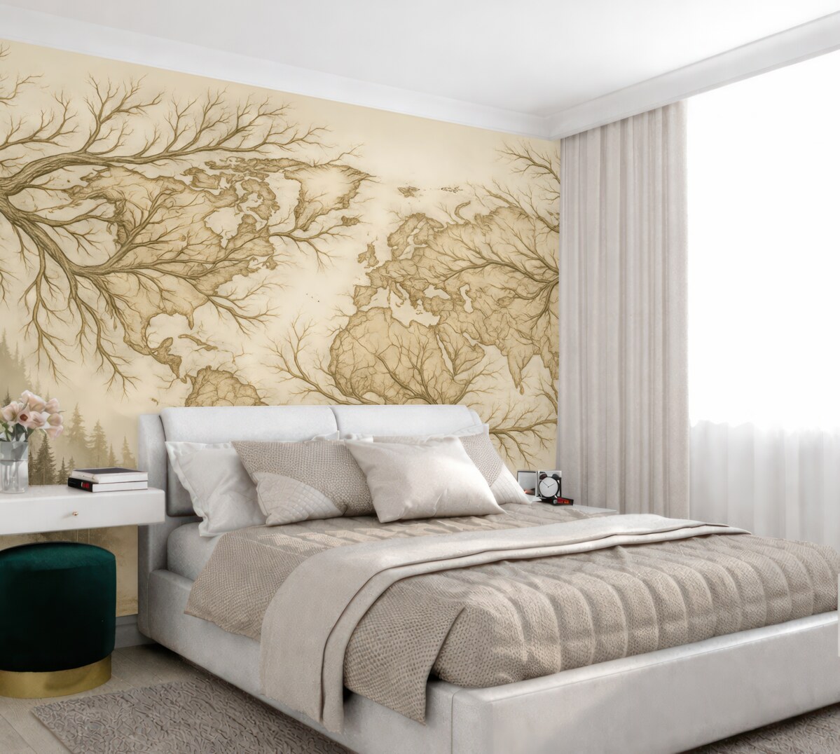 Fototapeta Mapa globu, konary drzew, ilustracja linii, prostota, beżowe tło faktury.