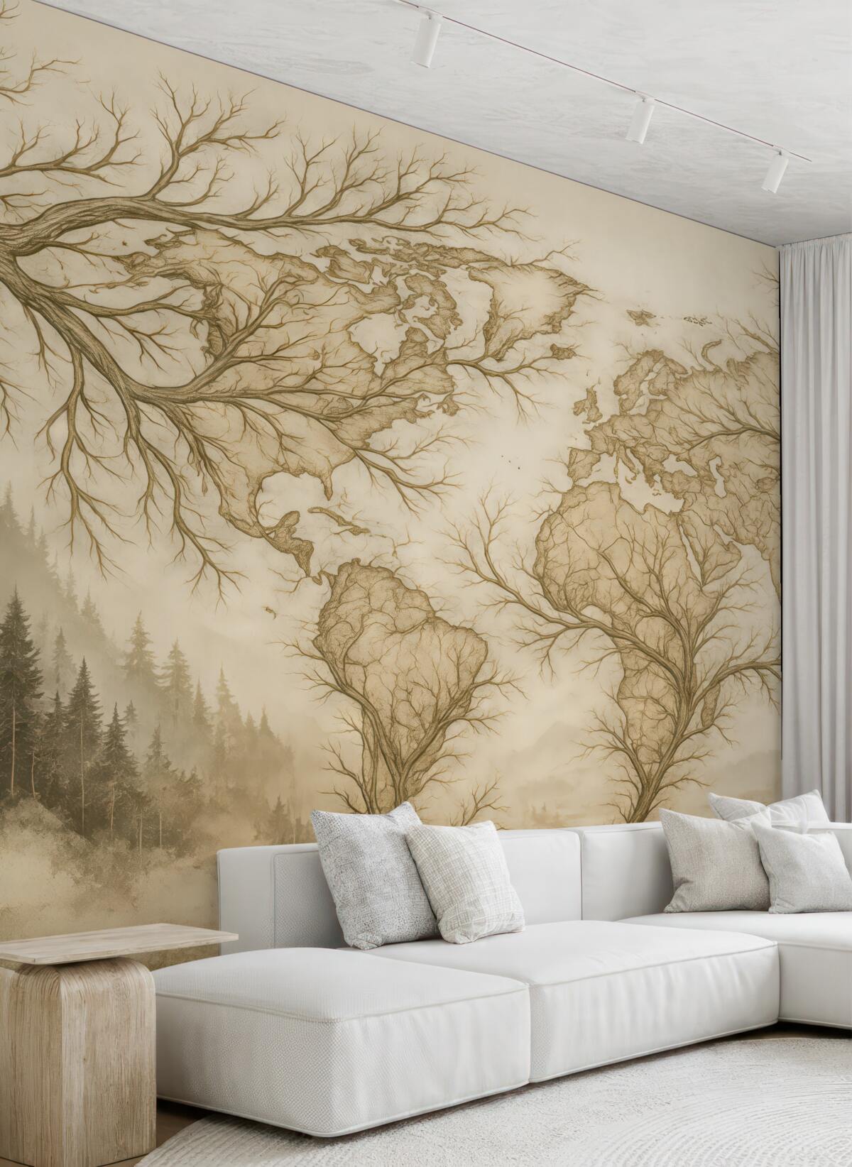 Fototapeta Mapa globu, konary drzew, ilustracja linii, prostota, beżowe tło faktury.