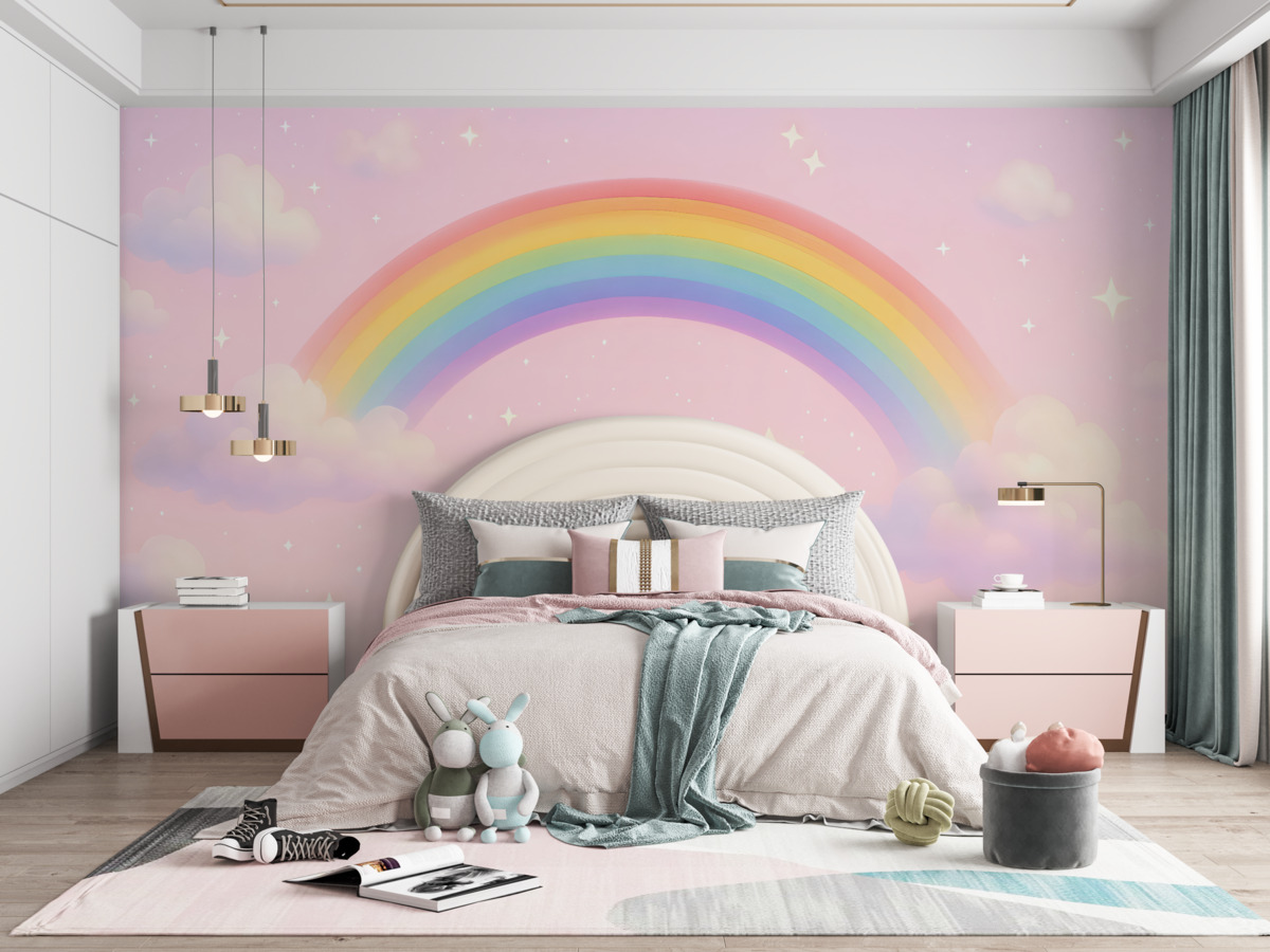 Fototapeta Kapryśna wielobarwna tęcza wśród puchowych chmur.