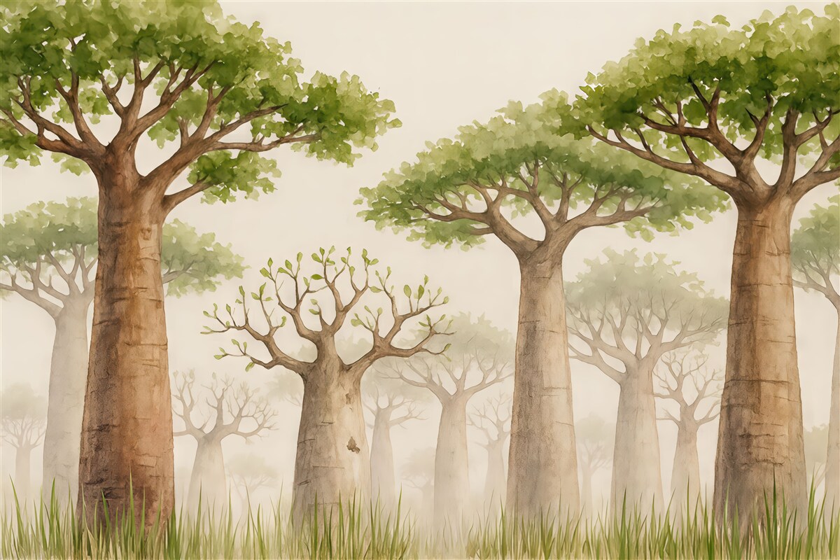 Fototapeta Baobab, inspiracja safari, las, odcienie beżu i zieleni.