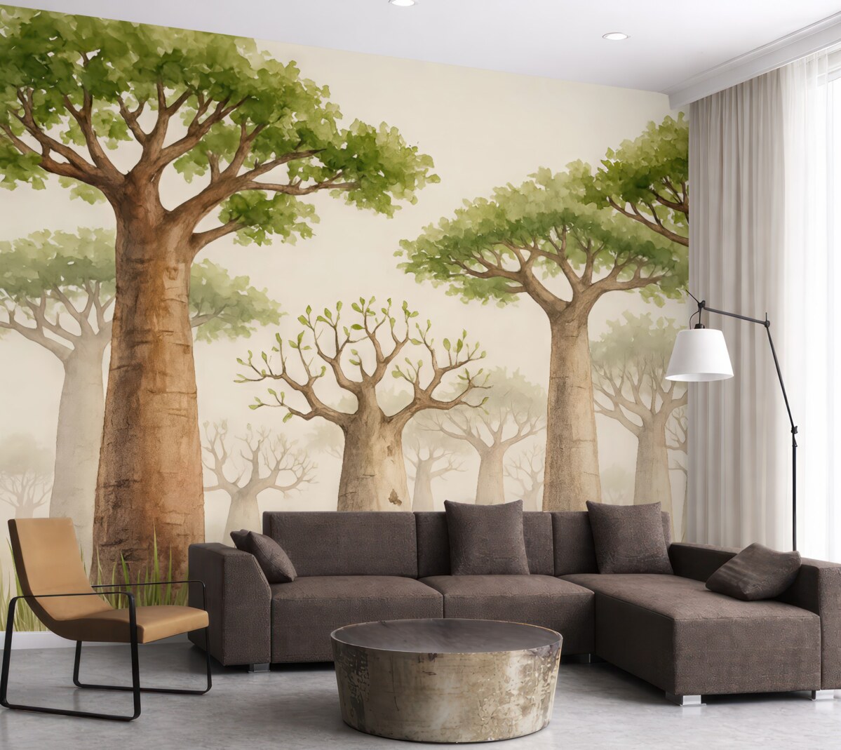 Fototapeta Baobab, inspiracja safari, las, odcienie beżu i zieleni.