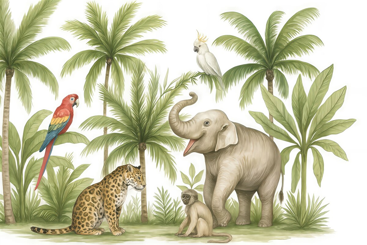 Fototapeta Zwierzęta z safari, słoń, lew, małpa, palmy, rysunek grafitem, ptaki g Kristo z papugami.