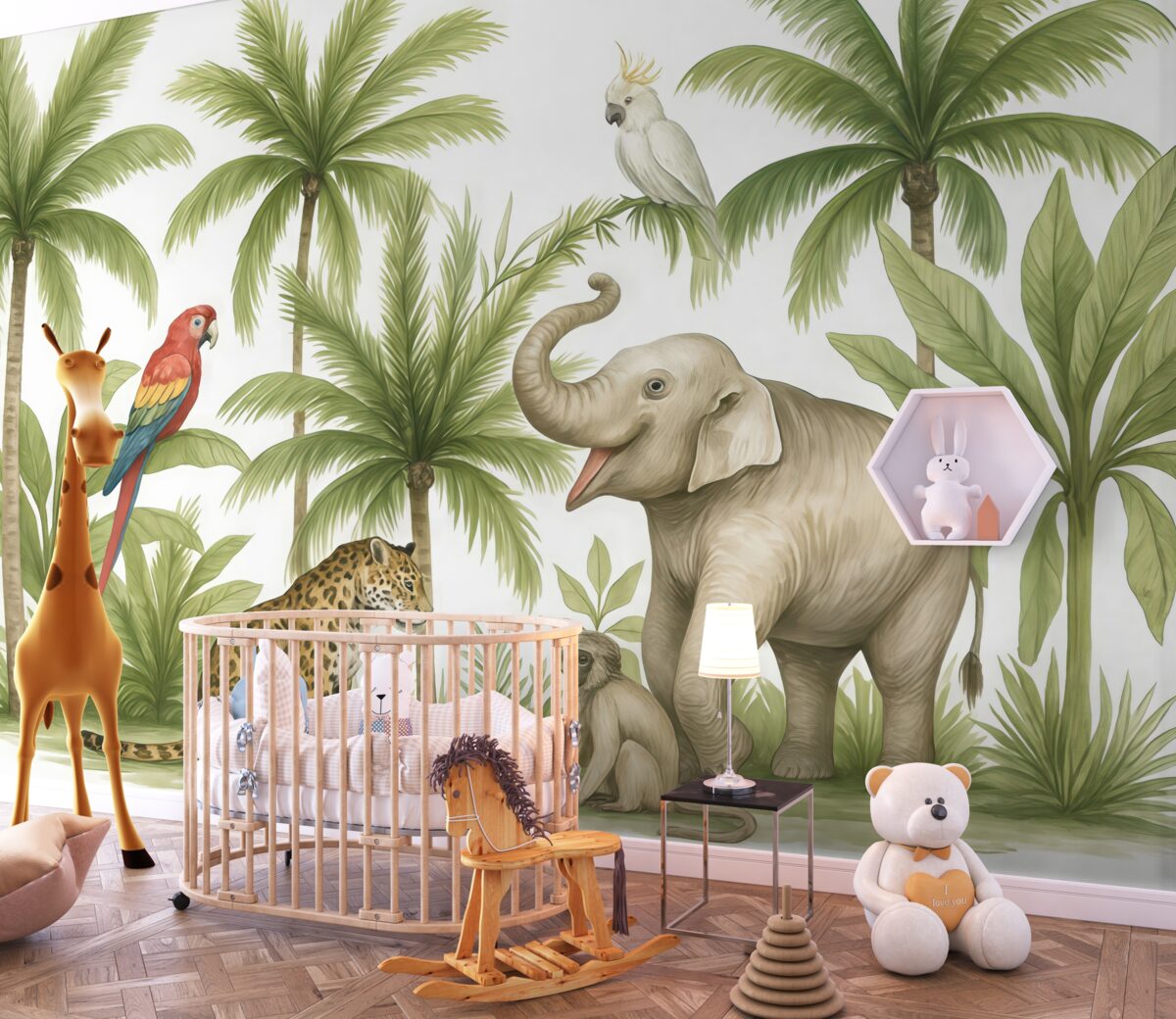 Fototapeta Zwierzęta z safari, słoń, lew, małpa, palmy, rysunek grafitem, ptaki g Kristo z papugami.