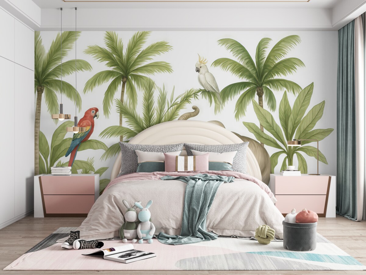 Fototapeta Zwierzęta z safari, słoń, lew, małpa, palmy, rysunek grafitem, ptaki g Kristo z papugami.