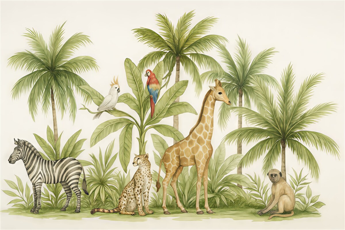 Fototapeta Fauna safari, żyrafa, leopardo, małpka, zebra, palmy, rysunek grafitem, papugi.