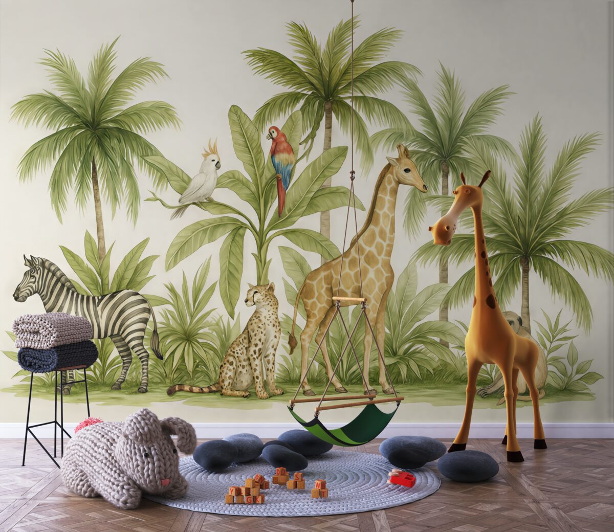 Fototapeta Fauna safari, żyrafa, leopardo, małpka, zebra, palmy, rysunek grafitem, papugi.