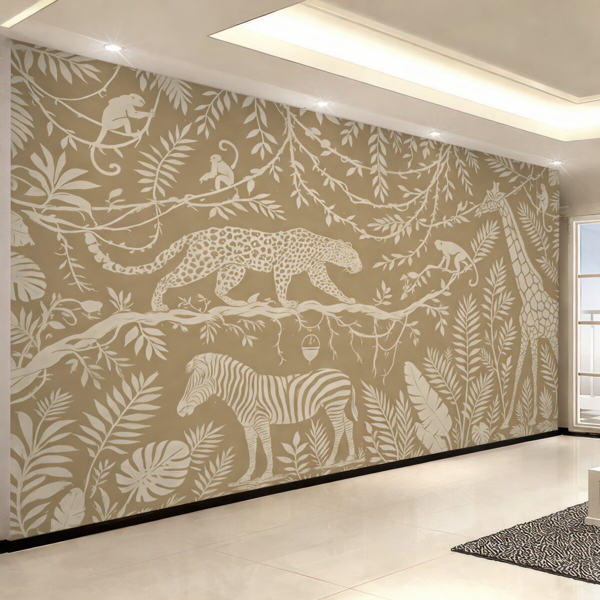 Fototapeta Abstrakcyjna sztuka lasu tropikalnego, pnącza, leopard, żyrafa, małpy, palmy, monstera, odcienie beżu i bieli.