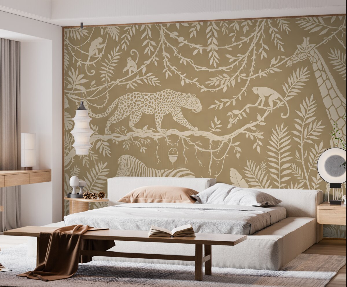 Fototapeta Abstrakcyjna sztuka lasu tropikalnego, pnącza, leopard, żyrafa, małpy, palmy, monstera, odcienie beżu i bieli.