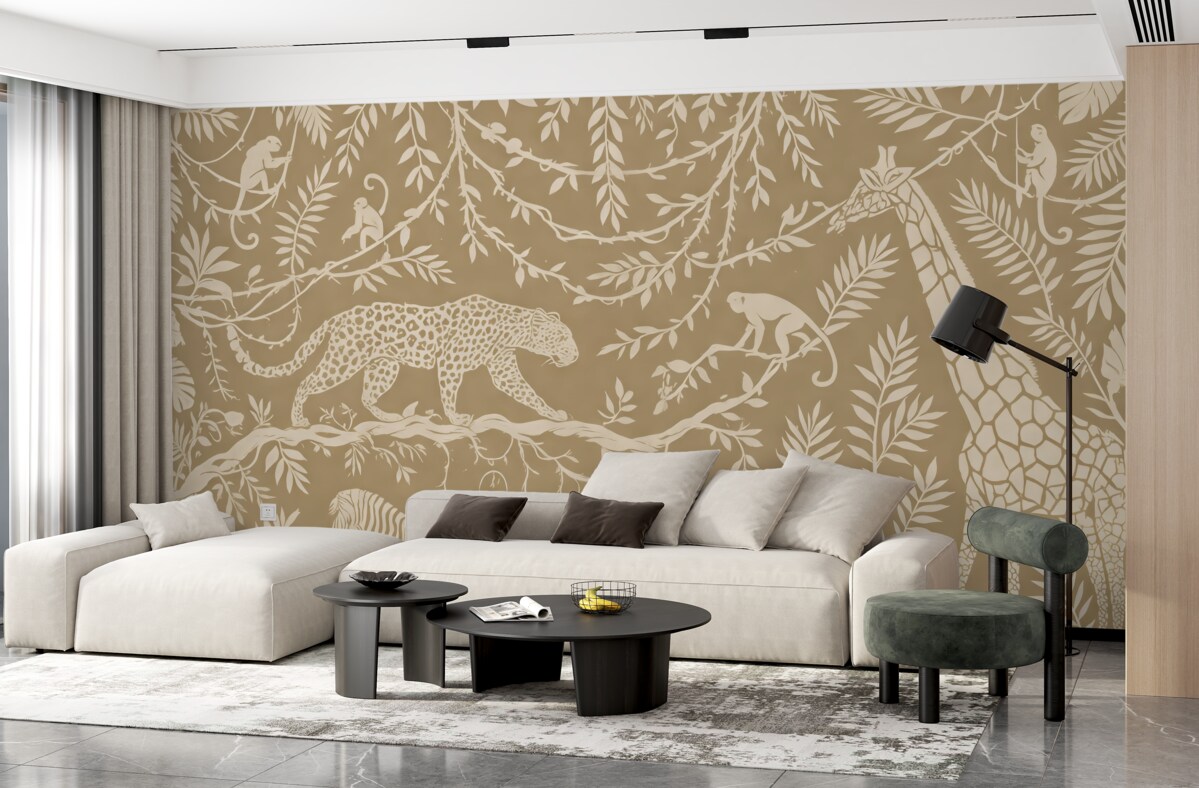 Fototapeta Abstrakcyjna sztuka lasu tropikalnego, pnącza, leopard, żyrafa, małpy, palmy, monstera, odcienie beżu i bieli.