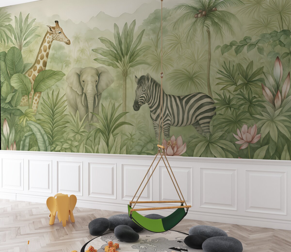 Fototapeta Dżunglowy las, palmy, żyrafa, słoń, zebra, akwarela, zieleń, bananowiec, kwiaty.