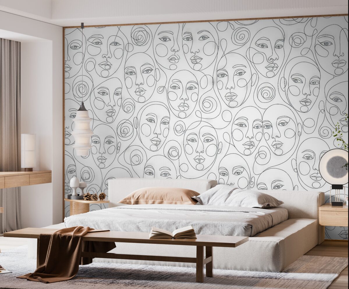 Fototapeta Postacie ludzi z graficznymi konturami twarzy w stylu boho to świeży trend.