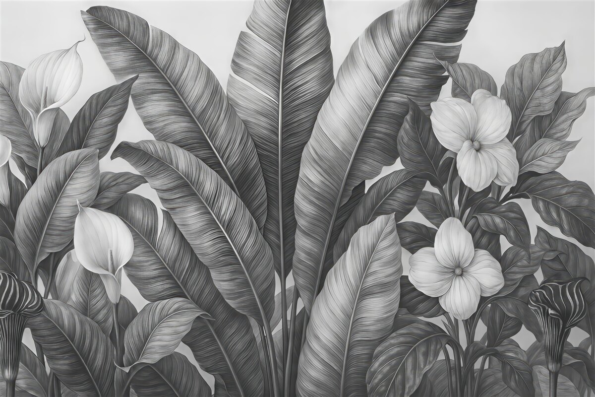 Fototapeta Stylowe tropikalne liście z kwiatami w odcieniach czerni i bieli.