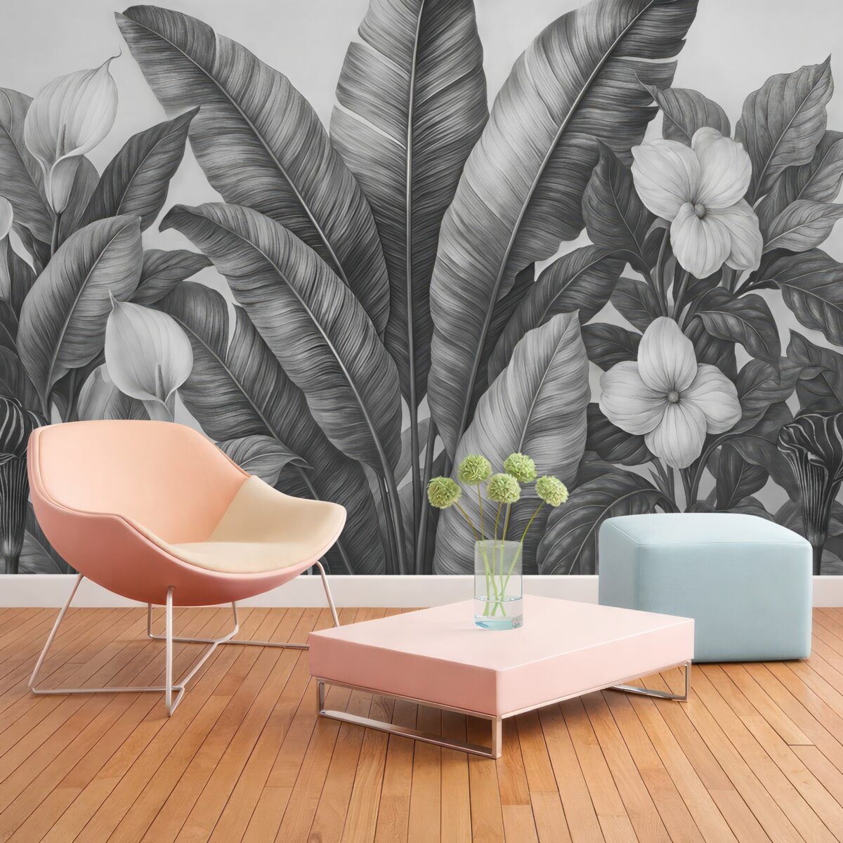 Fototapeta Stylowe tropikalne liście z kwiatami w odcieniach czerni i bieli.