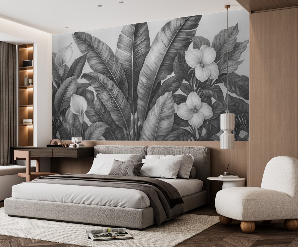 Fototapeta Stylowe tropikalne liście z kwiatami w odcieniach czerni i bieli.