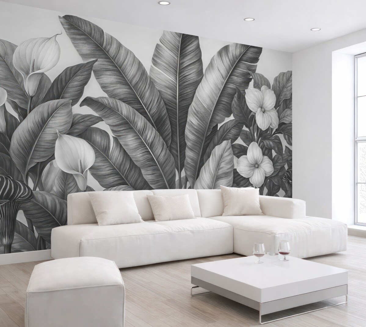 Fototapeta Stylowe tropikalne liście z kwiatami w odcieniach czerni i bieli.