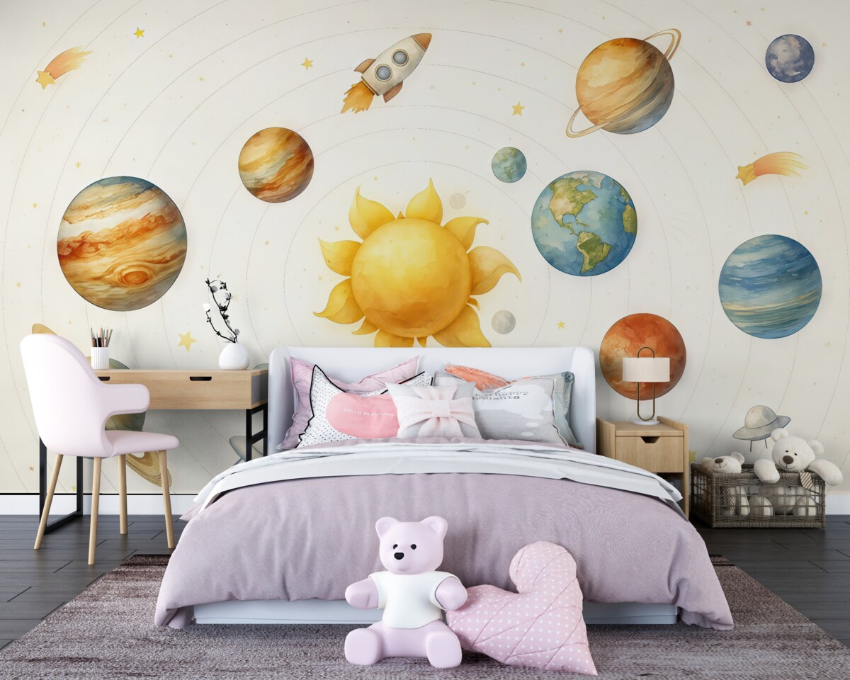 Fototapeta Układ planetarny, ciała niebieskie, słońce, pojazd kosmiczny, obiekt UFO, satelita, konstelacje, jasne tło.