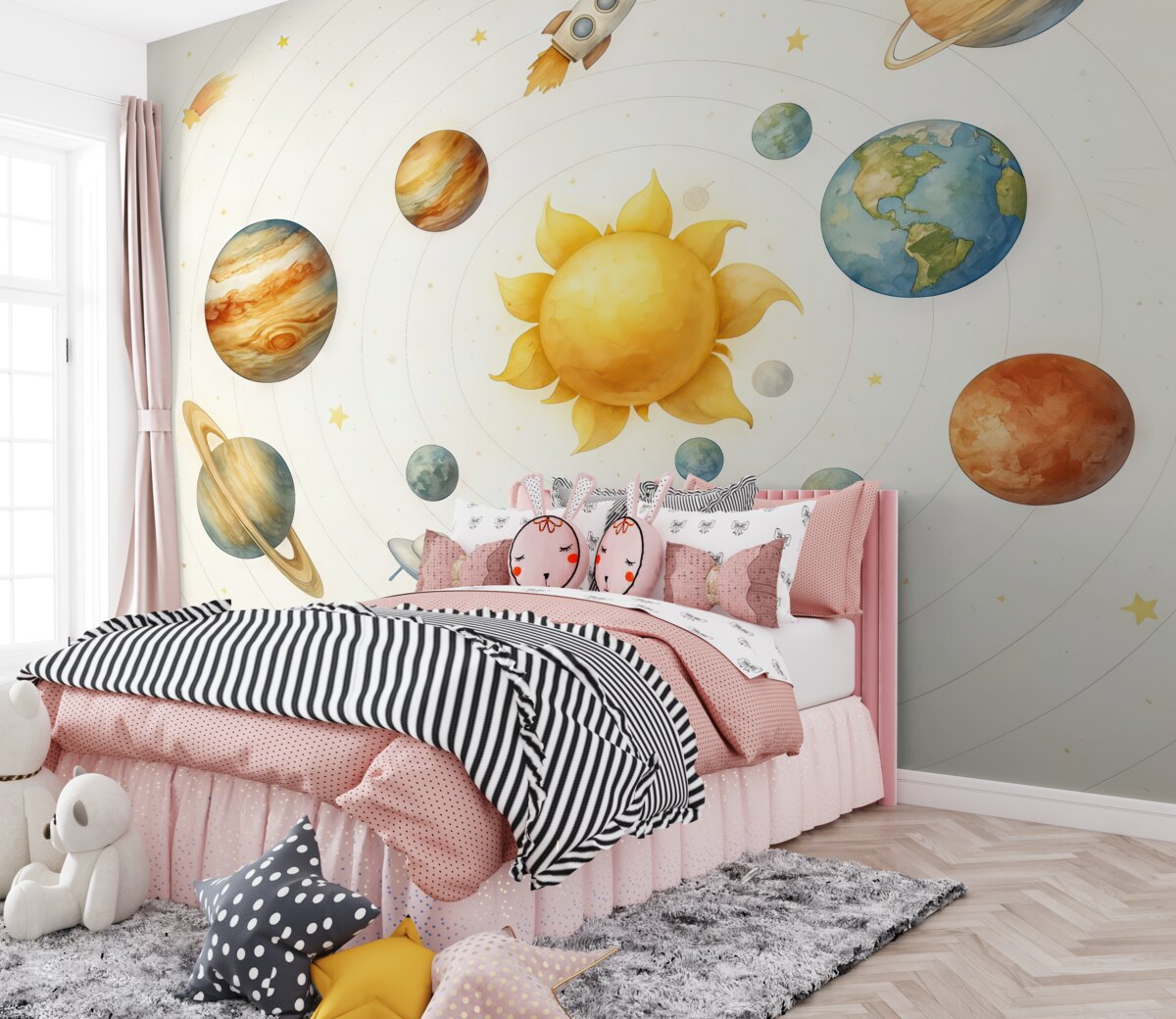 Fototapeta Układ planetarny, ciała niebieskie, słońce, pojazd kosmiczny, obiekt UFO, satelita, konstelacje, jasne tło.