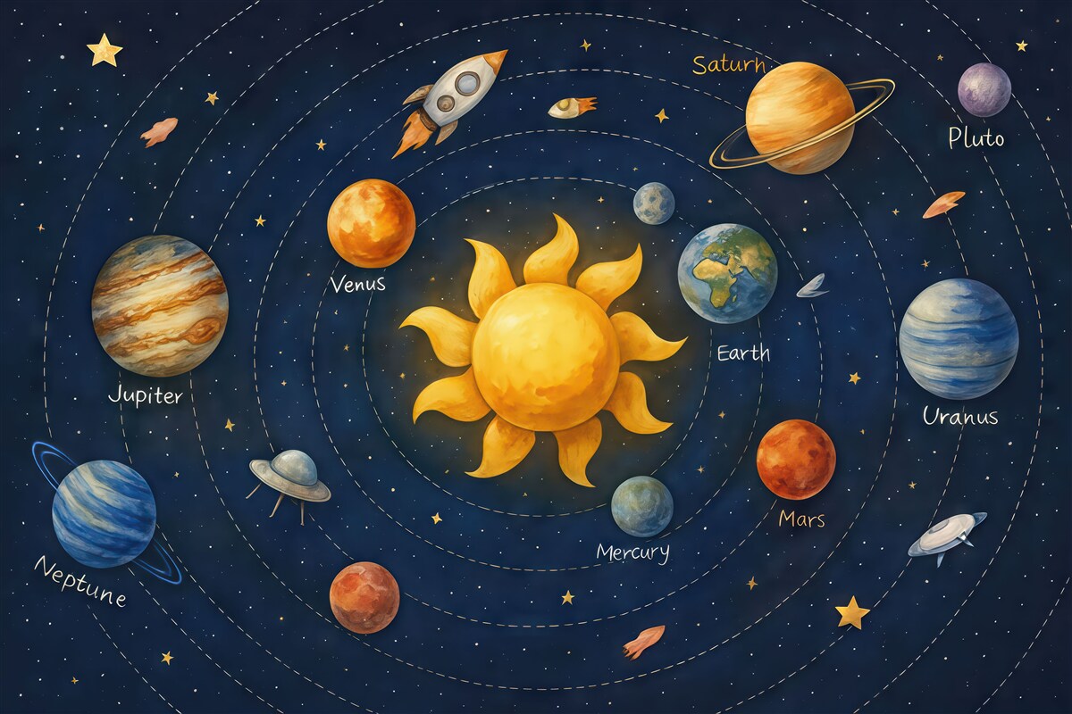 Fototapeta Układ planetarny, ciała niebieskie, słońce, statek kosmiczny, obiekt nieznany, satelita, konstelacje, mroczna przestrzeń.