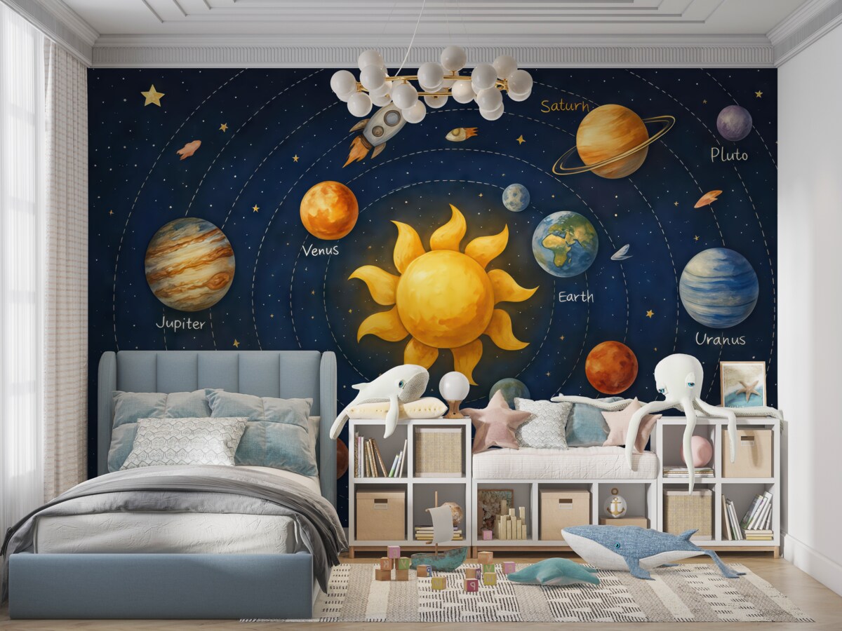 Fototapeta Układ planetarny, ciała niebieskie, słońce, statek kosmiczny, obiekt nieznany, satelita, konstelacje, mroczna przestrzeń.