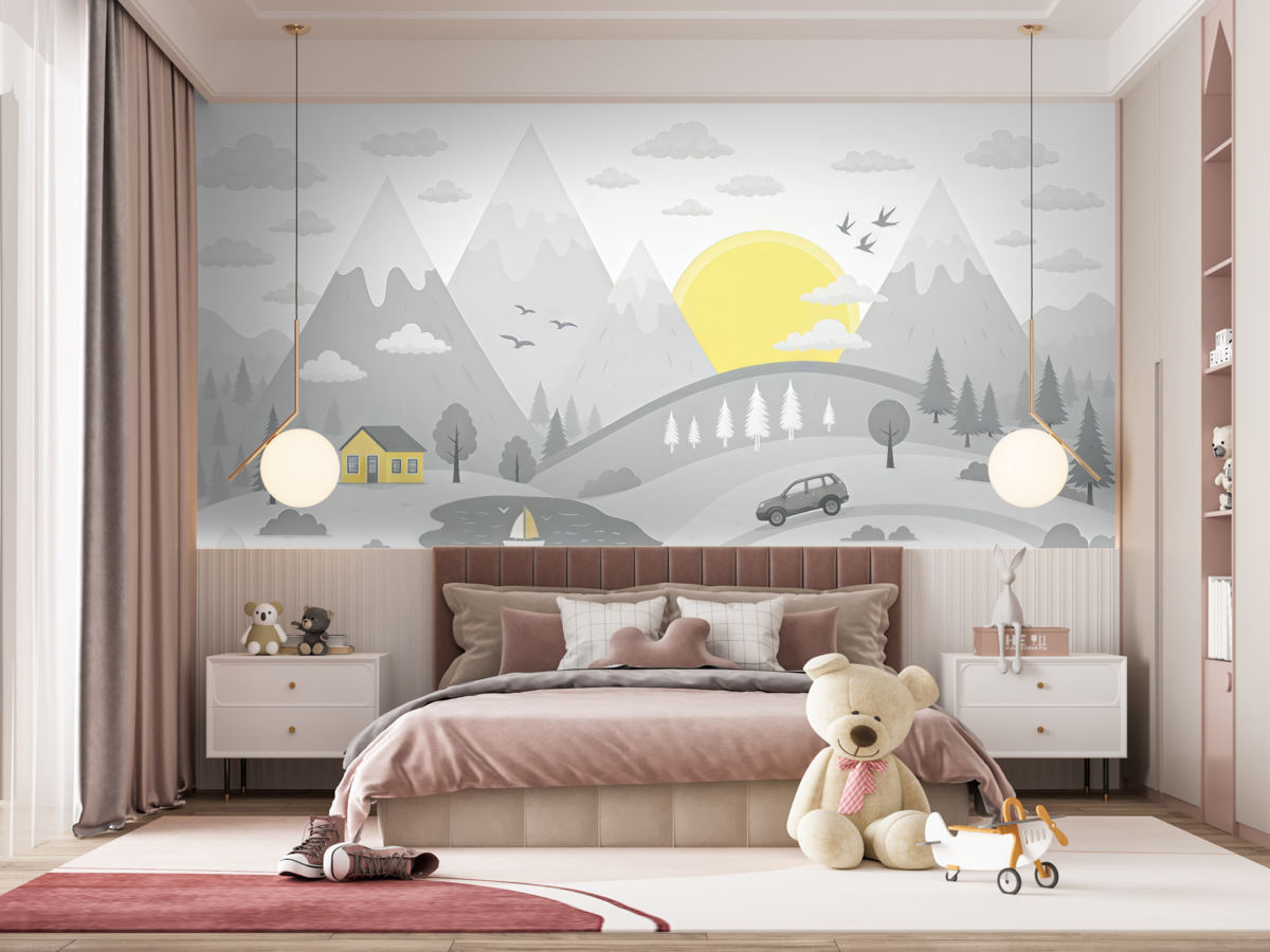 Fototapeta Góry, słońce i auta w dziecięcym pokoju.