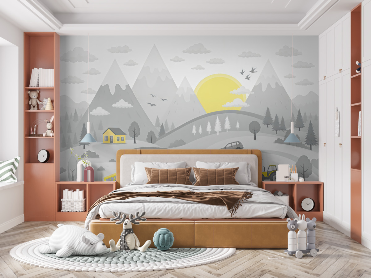 Fototapeta Góry, słońce i auta w dziecięcym pokoju.