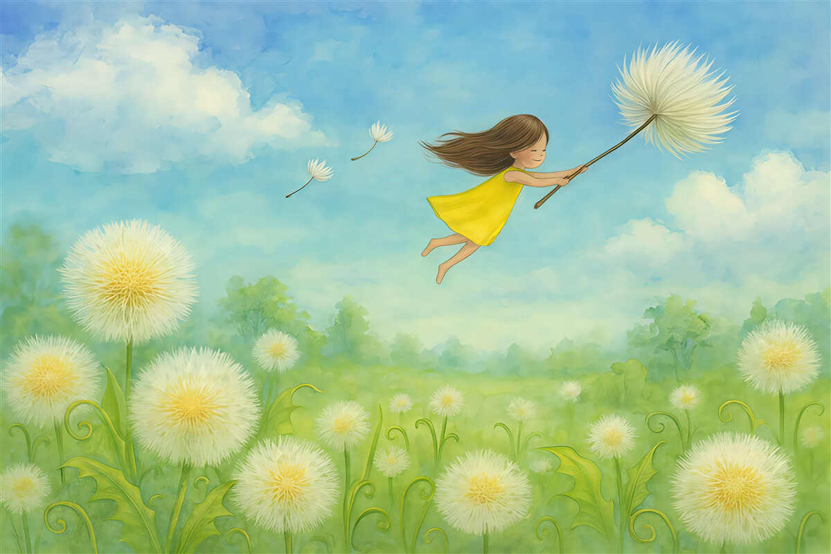 Fototapeta Krajobraz dla maluchów z dziewczynką i mleczami.