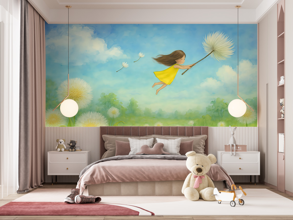 Fototapeta Krajobraz dla maluchów z dziewczynką i mleczami.