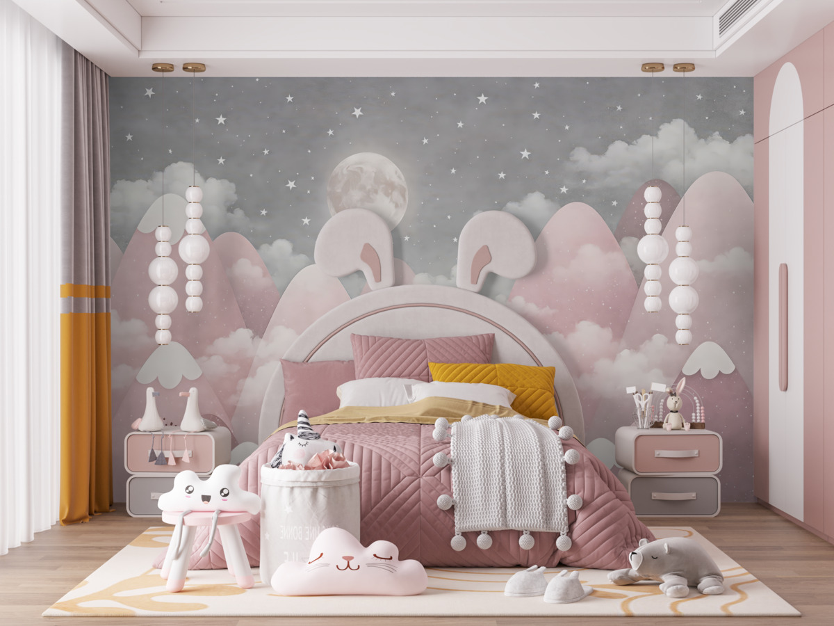 Fototapeta Księżyc nad zaśnieżonymi szczytami – obrazek dla dzieci.