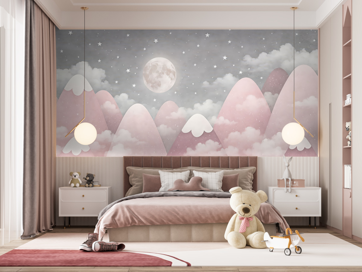 Fototapeta Księżyc nad zaśnieżonymi szczytami – obrazek dla dzieci.