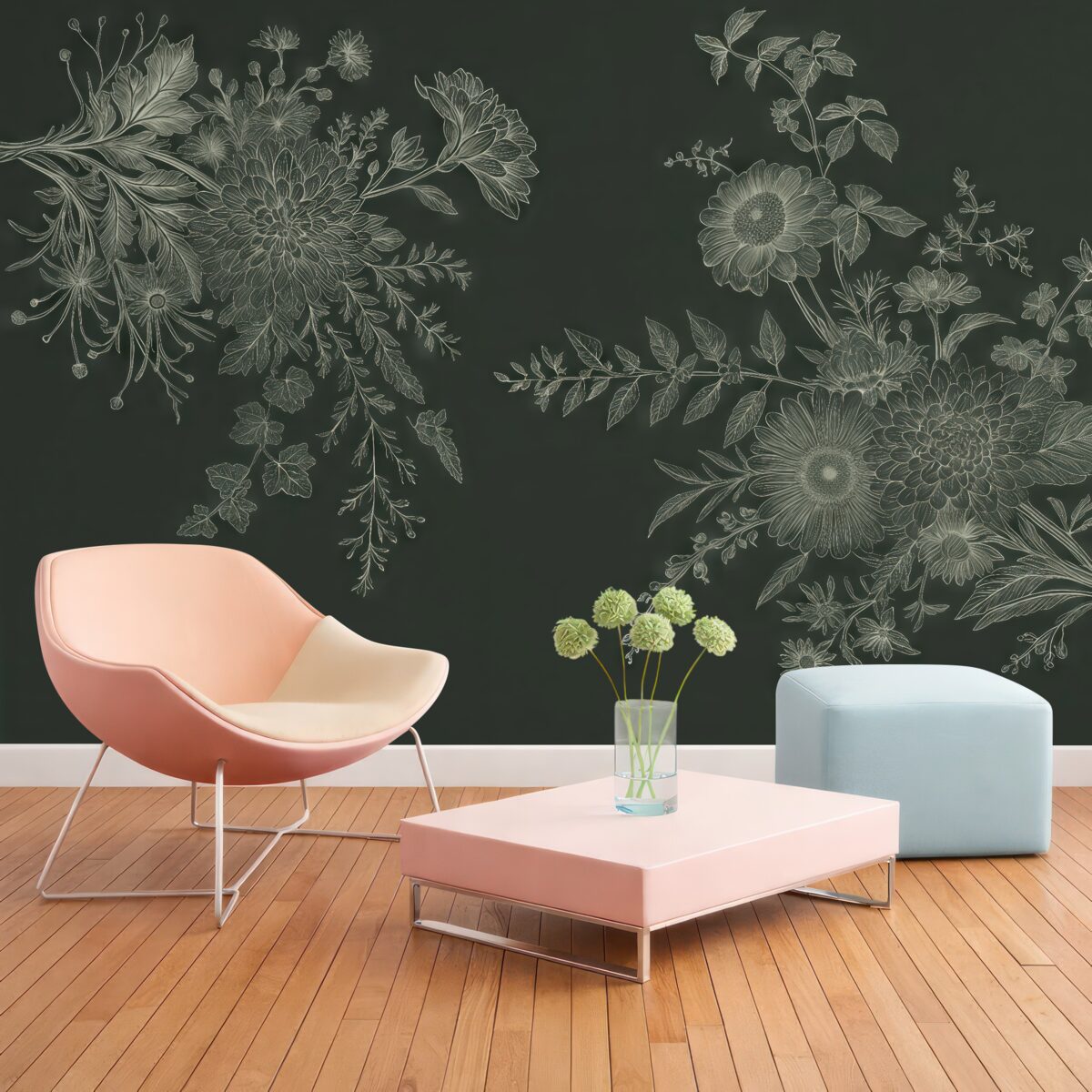 Fototapeta Stylowe kwiatowe rysunki na mrocznym tle.