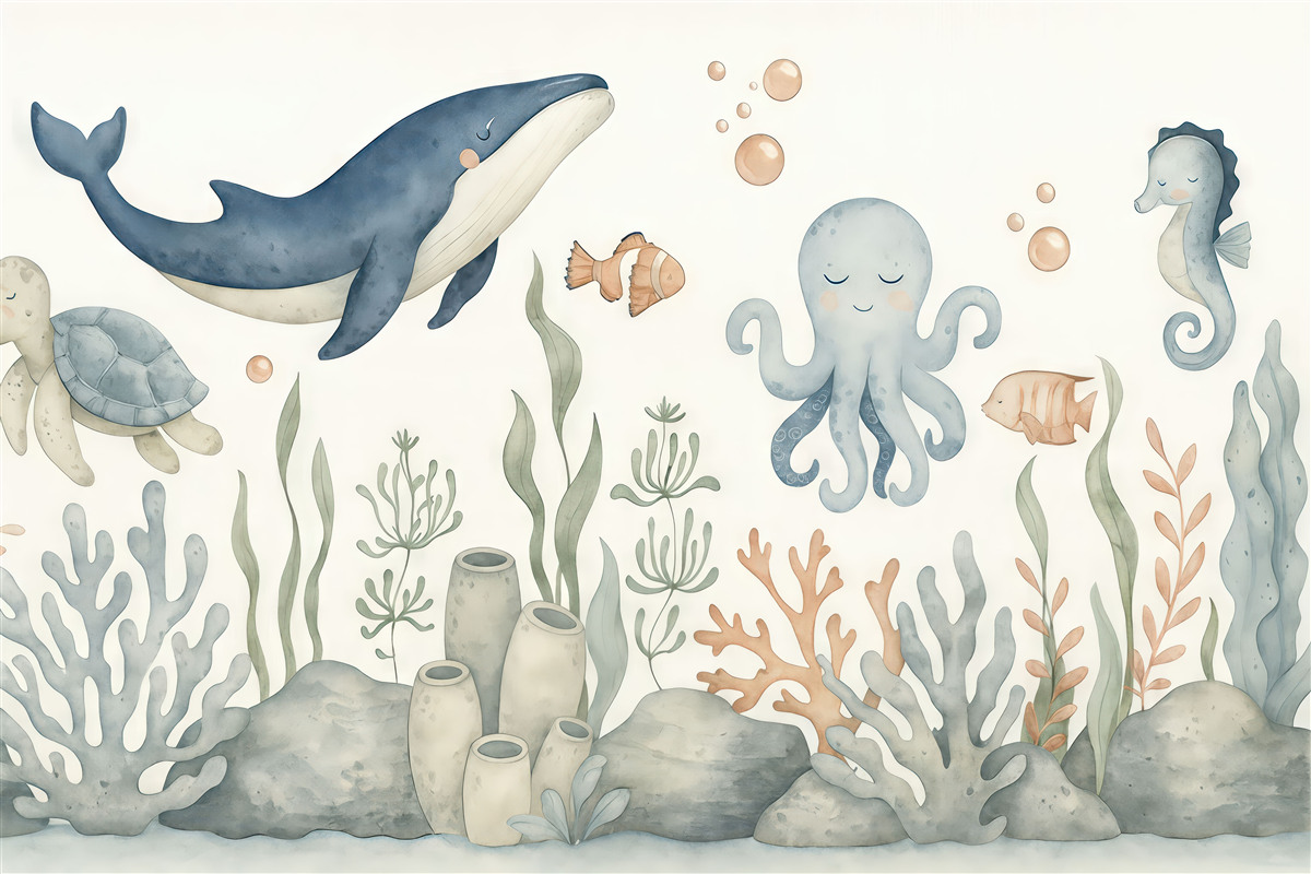 Fototapeta Podwodny świat z walesem, ośmiornicą, żółwiem.