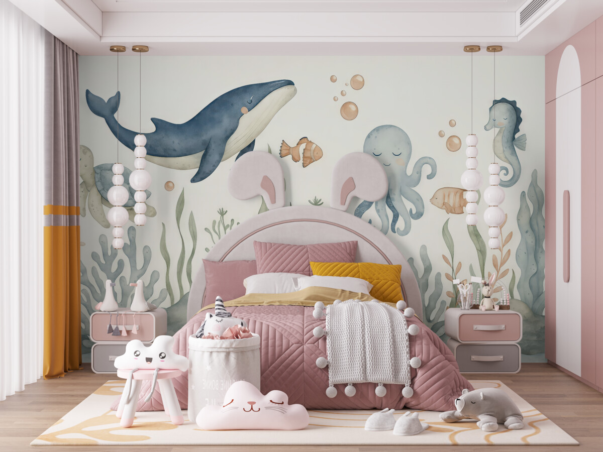 Fototapeta Podwodny świat z walesem, ośmiornicą, żółwiem.