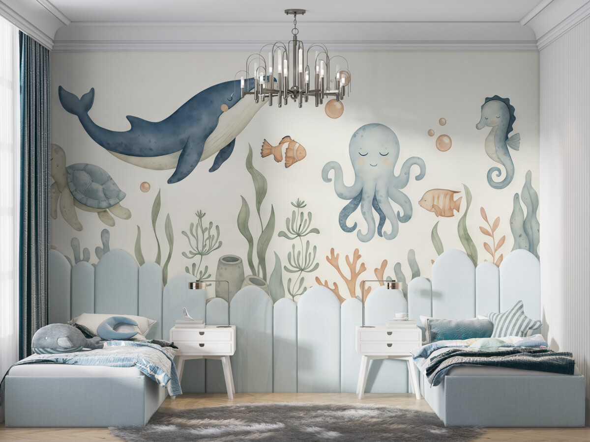 Fototapeta Podwodny świat z walesem, ośmiornicą, żółwiem.