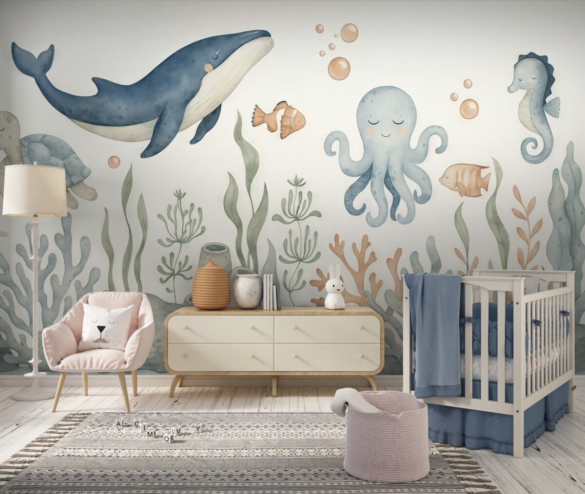 Fototapeta Podwodny świat z walesem, ośmiornicą, żółwiem.